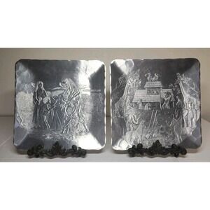 Set Of 2 Wendell August Forged Blessings Tray‎ Jesus Children Noah's Ark 9"x9"